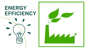 llustration with the text 'Energy Efficiency' beside an icon of a light bulb and a green factory emitting leaves, symbolizing eco-friendly and energy-efficient production.