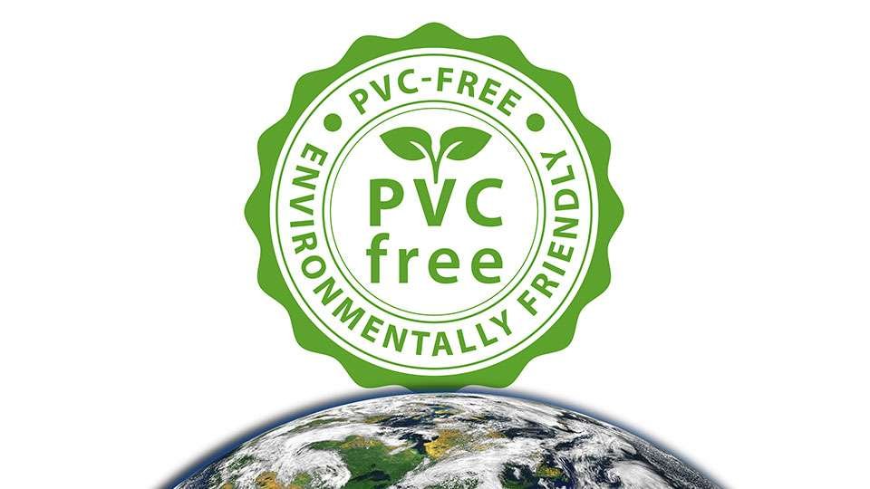 Green badge with the text 'PVC-Free Environmentally Friendly' surrounding a plant icon, symbolizing an eco-friendly, PVC-free product. The Earth is partially visible at the bottom.